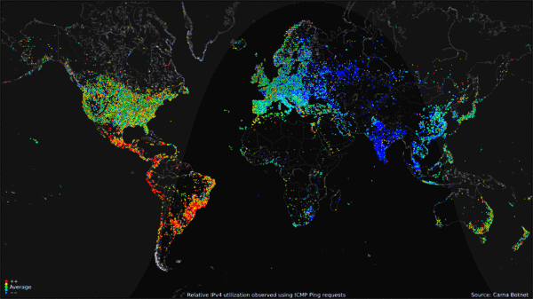 Carna botnet visualisation: 24-hour relative utilisation of the IPv4 address space, June–October 2012